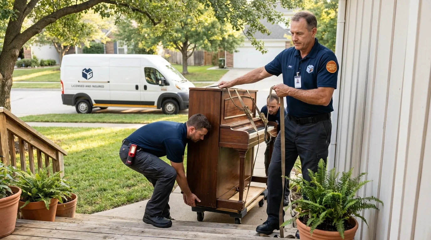 Licensed piano movers securing grand piano in Silverton, OR