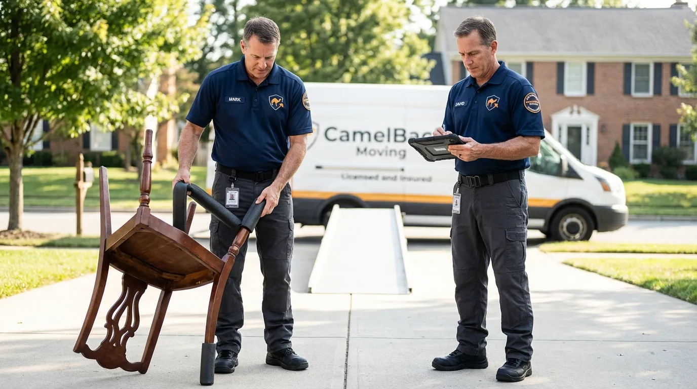 Movers inspecting furniture for damage prevention before loading in Silverton, OR